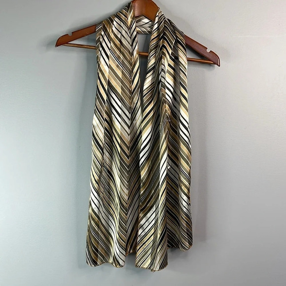 VINTAGE Chevron Pattern Print Satin Rectangular  Scarf Neutral Brown Semi Sheer - Picture 7 of 9
